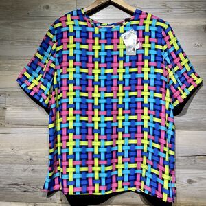 Vintage Maggie Barnes Bright Multicolor Blouse Top Size 18W Basket Weave Silky